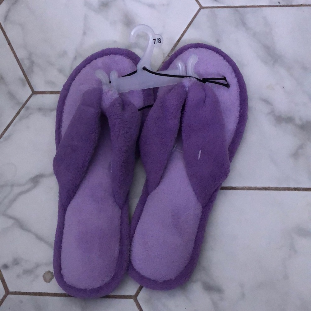 Purple plush flip flop slippers